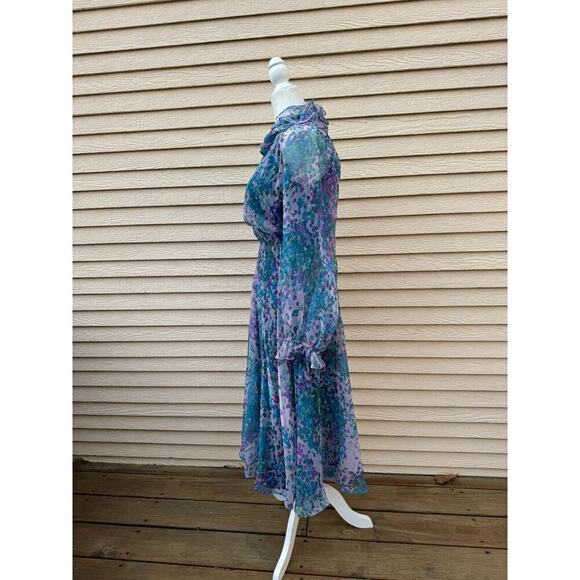 Vtg 60s Ruffle Maxi Dress M 6 8 Purple Floral Long Sleeve Modest Fairy Retro - Picture 3 of 11